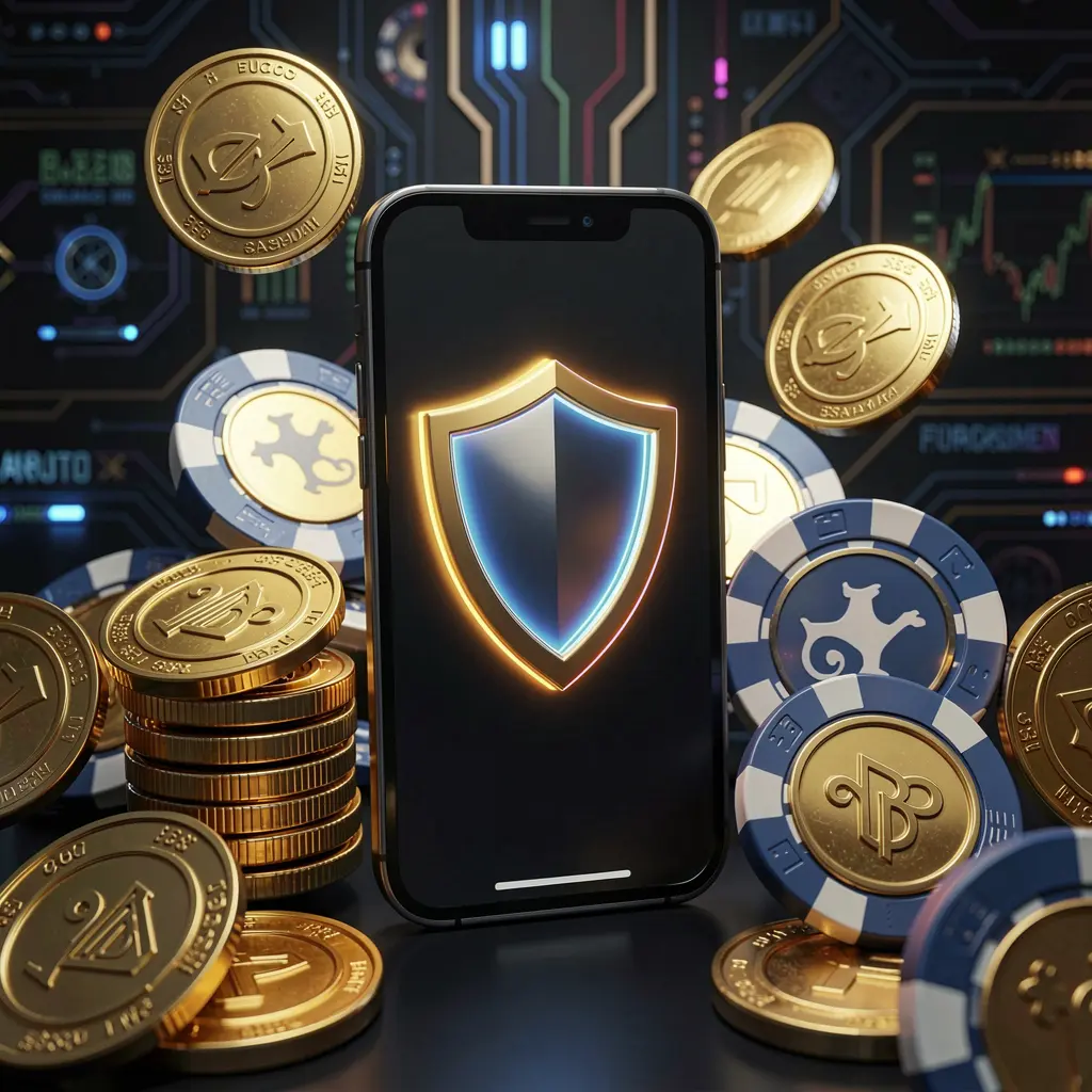 Realistic 3D render of a smartphone displaying a glowing shield icon surrounded by golden coins and chips on a dark luxury cyber background, representing the secure 889OK mobile casino app concept
