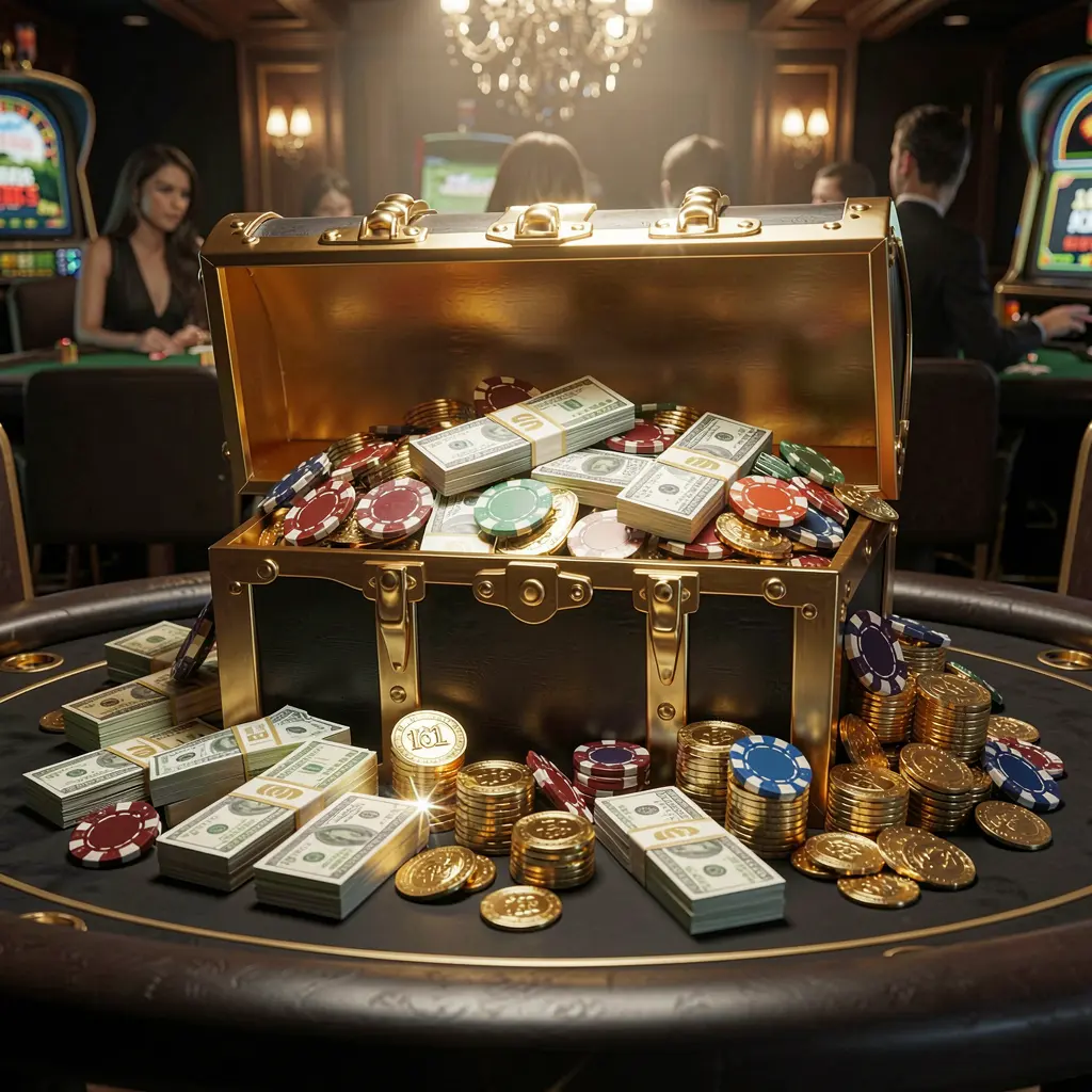 889OK casino rewards scene featuring a golden treasure chest overflowing with chips, cash bundles, and sparkling coins in an elegant black and gold style with dramatic lighting