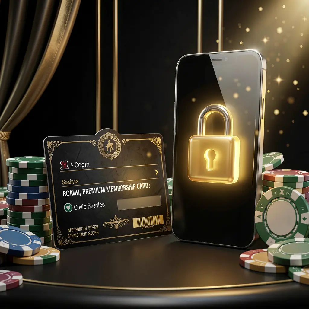889OK casino member login concept featuring a premium membership card beside a smartphone with a glowing lock symbol, poker chips and coins on a black and gold luxury background in a realistic 3D illustration