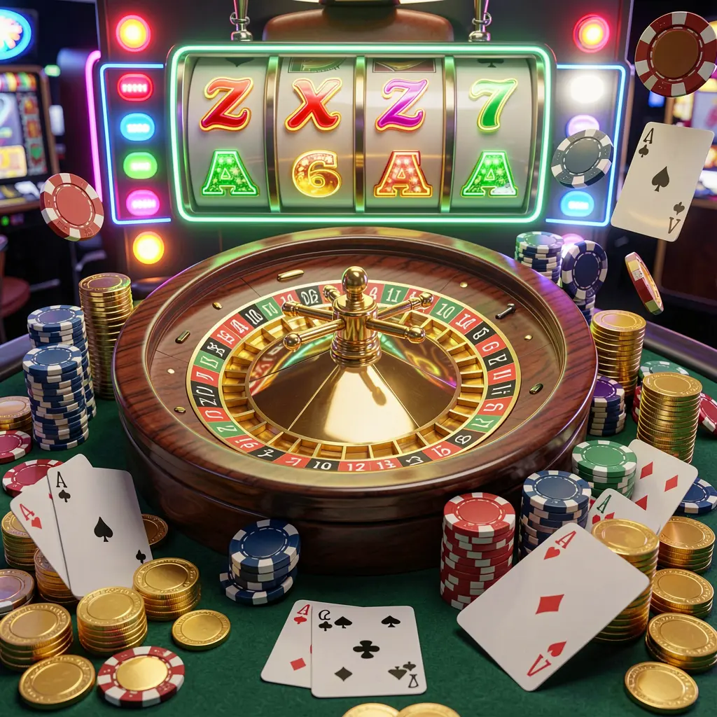 889OK casino homepage visual featuring a realistic 3D render of a roulette wheel, poker chips, playing cards, golden coins, and bright neon jackpot lights in a dynamic composition